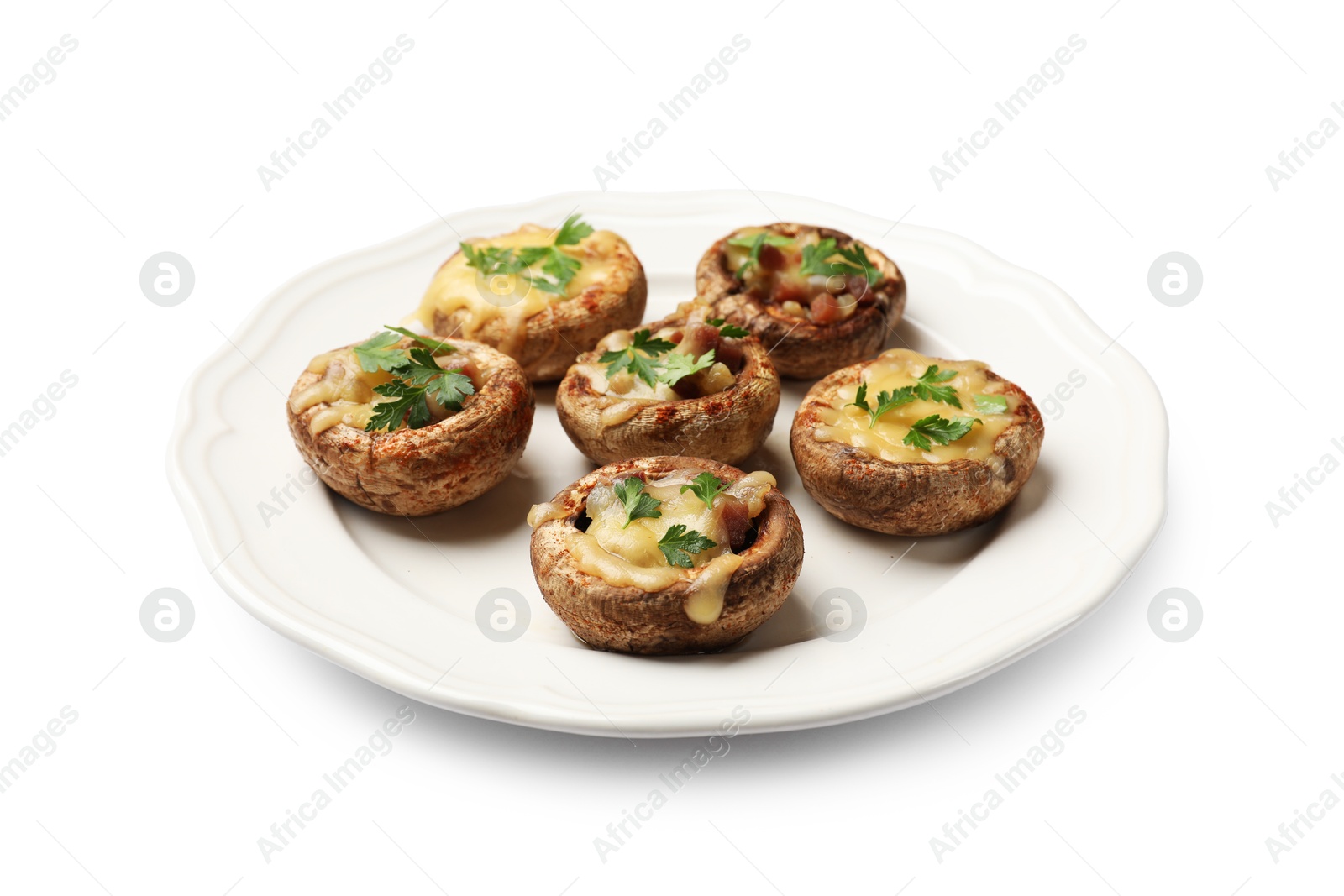 Many tasty stuffed mushrooms isolated on white Photo of Many tasty stuffed mushrooms isolated on white