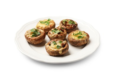 Photo of Many tasty stuffed mushrooms isolated on white