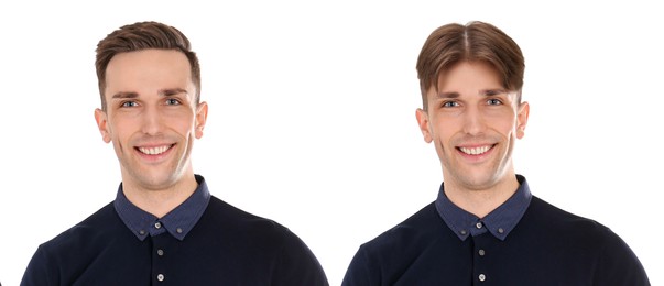 Image of Man with different hairstyles on white background, collage of portraits