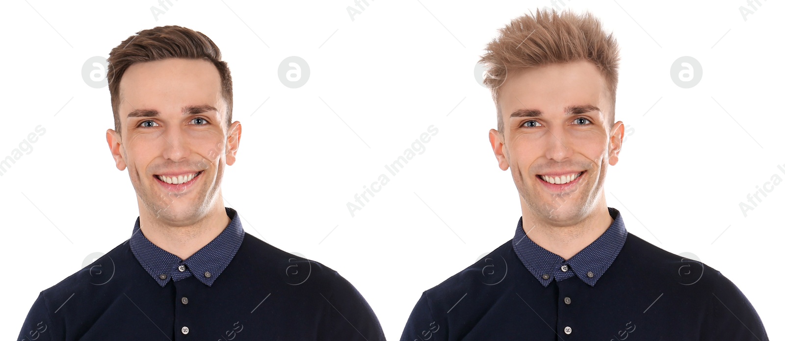 Man with different hairstyles on white background, collage of portraits Image of Man with different hairstyles on white background, collage of portraits