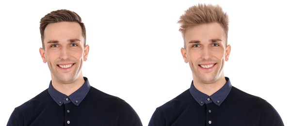 Image of Man with different hairstyles on white background, collage of portraits