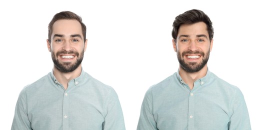 Image of Man with different hairstyles on white background, collage of portraits