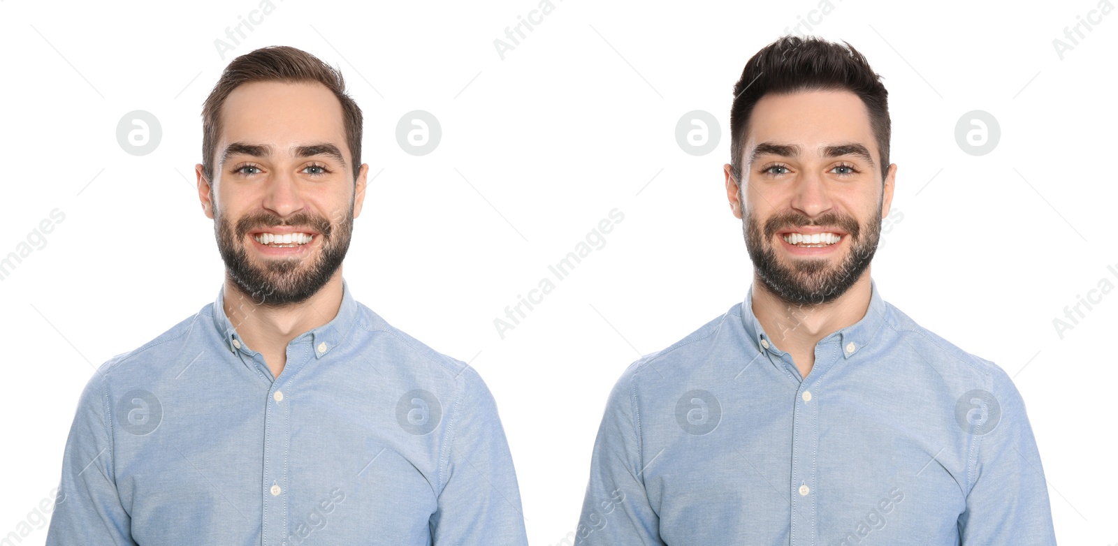 Man with different hairstyles on white background, collage of portraits Image of Man with different hairstyles on white background, collage of portraits