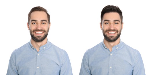 Image of Man with different hairstyles on white background, collage of portraits