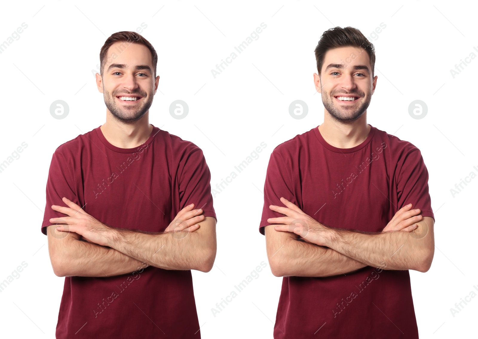 Man with different hairstyles on white background, collage of portraits Image of Man with different hairstyles on white background, collage of portraits