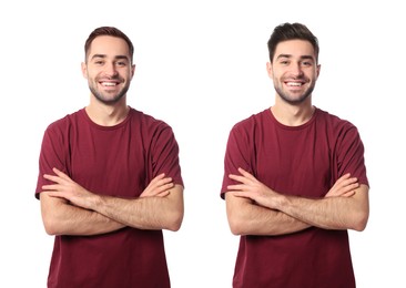Image of Man with different hairstyles on white background, collage of portraits