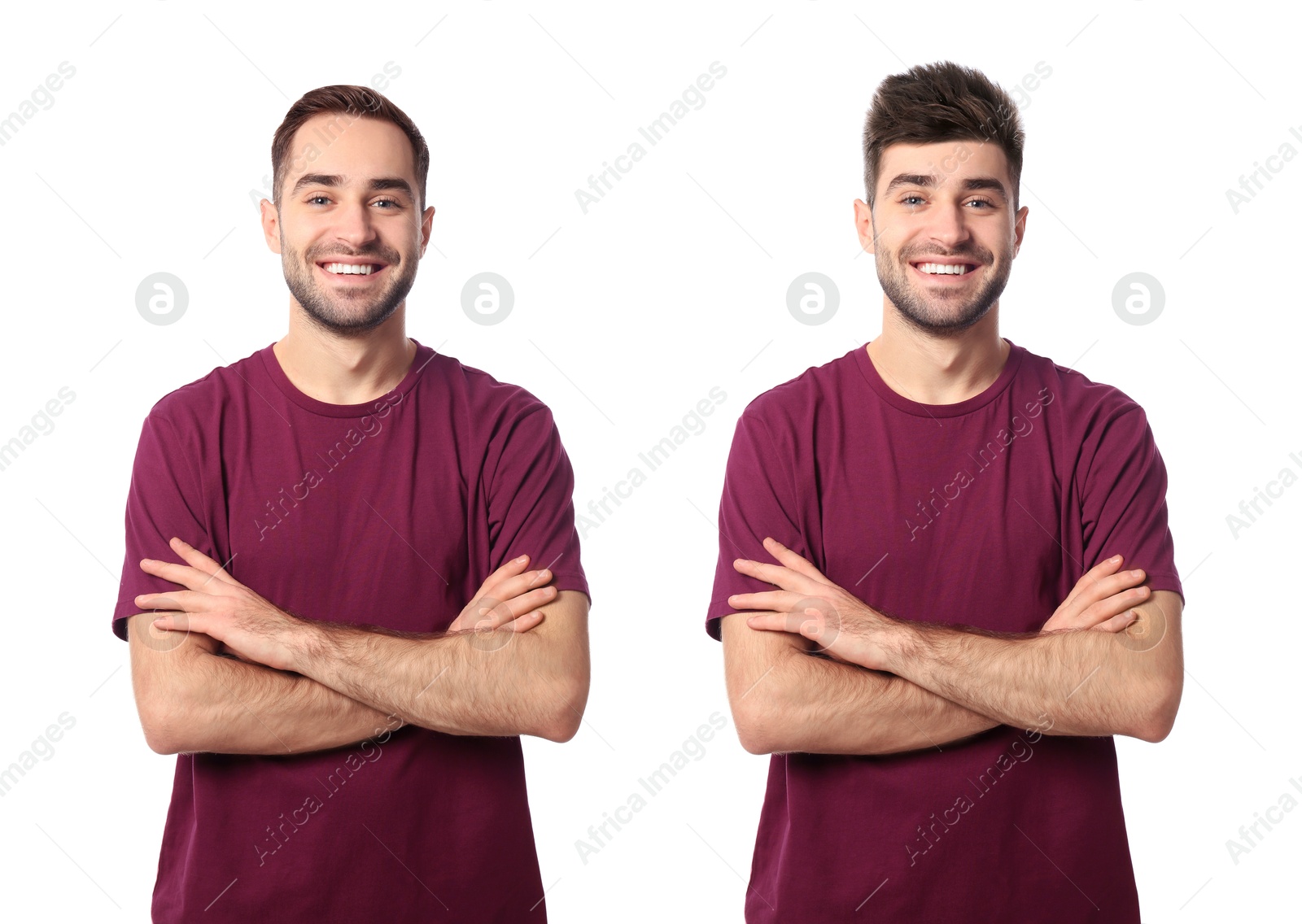 Man with different hairstyles on white background, collage of portraits Image of Man with different hairstyles on white background, collage of portraits