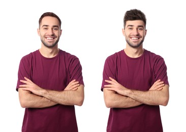 Image of Man with different hairstyles on white background, collage of portraits