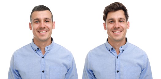 Image of Man with different hairstyles on white background, collage of portraits