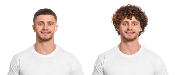 Image of Man with different hairstyles on white background, collage of portraits