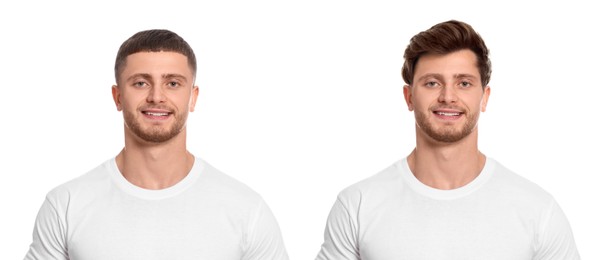 Image of Man with different hairstyles on white background, collage of portraits