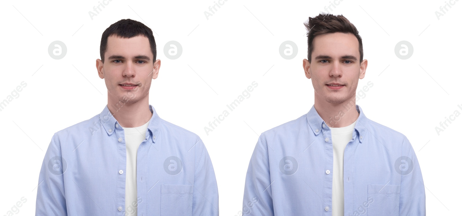 Man with different hairstyles on white background, collage of portraits Image of Man with different hairstyles on white background, collage of portraits