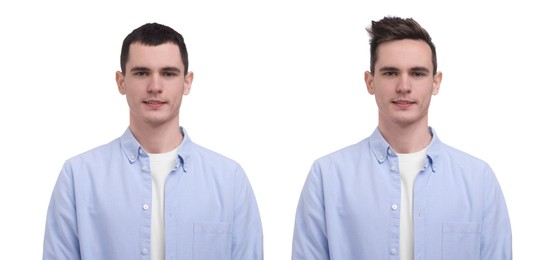 Image of Man with different hairstyles on white background, collage of portraits