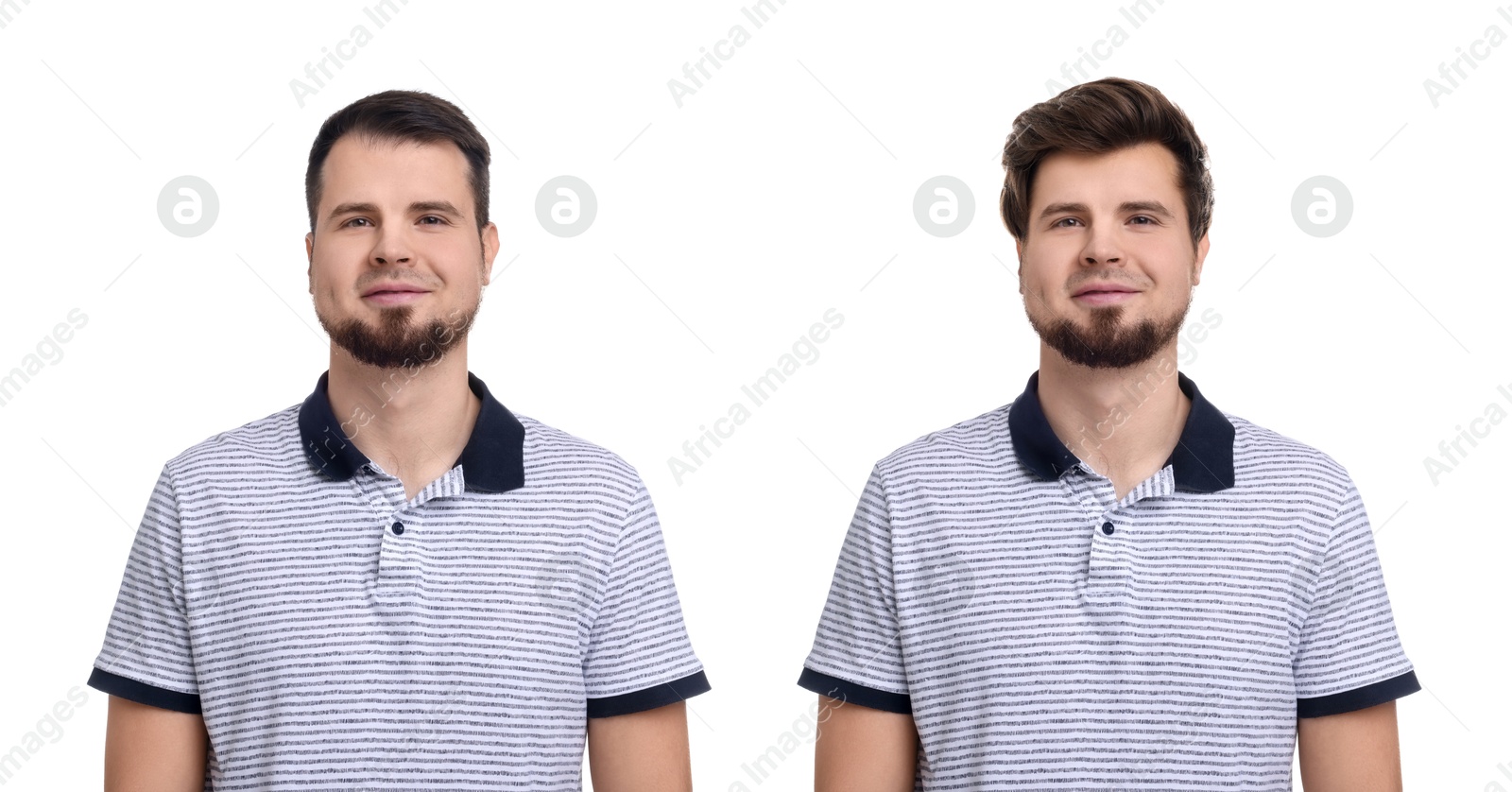 Man with different hairstyles on white background, collage of portraits Image of Man with different hairstyles on white background, collage of portraits