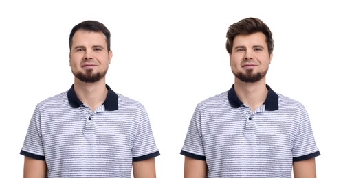 Image of Man with different hairstyles on white background, collage of portraits