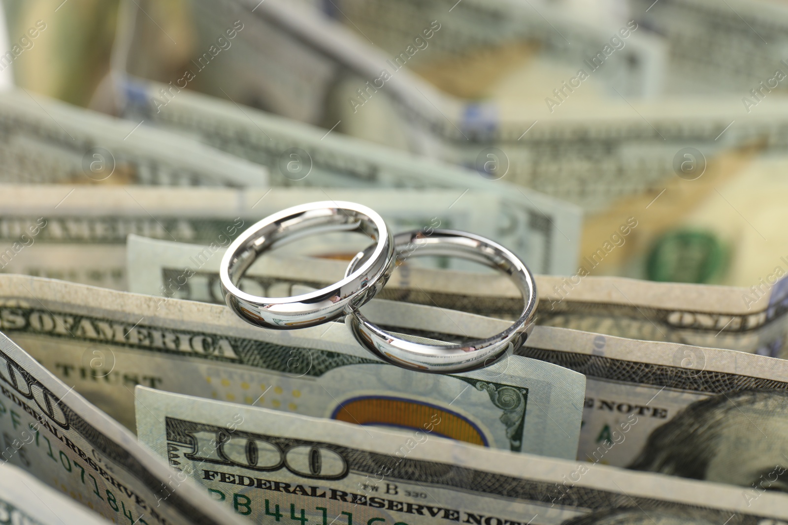 Silver wedding rings and dollar banknotes, closeup Photo of Silver wedding rings and dollar banknotes, closeup