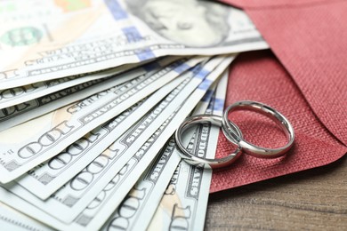 Photo of Silver wedding rings, envelope and dollar banknotes on wooden table, closeup
