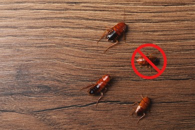Image of Pest control. Cockroaches and red prohibition sign on wooden surface, top view. Space for text