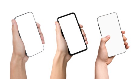 Image of People holding smartphones with blank screens on white background, closeup. Mockup for design
