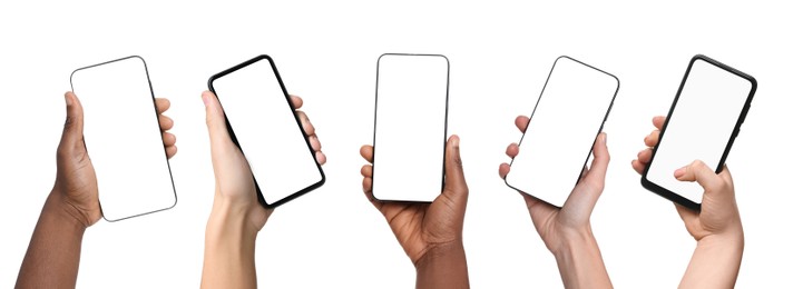 Image of People holding smartphones with blank screens on white background, closeup. Mockup for design