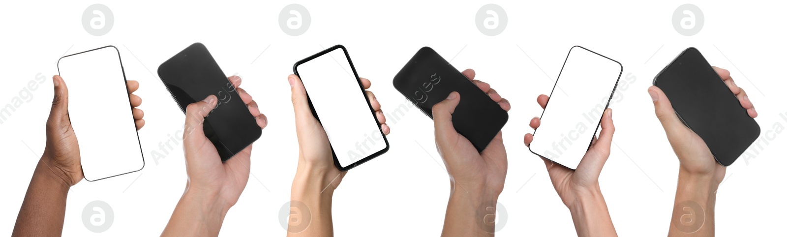People holding smartphones with blank screens on white background, closeup. Mockup for design Image of People holding smartphones with blank screens on white background, closeup. Mockup for design