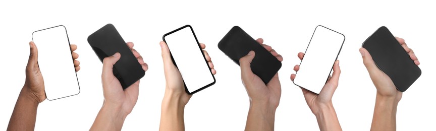 Image of People holding smartphones with blank screens on white background, closeup. Mockup for design