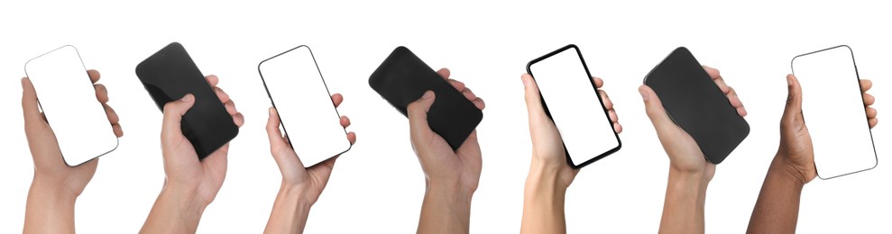 Image of People holding smartphones with blank screens on white background, closeup. Mockup for design
