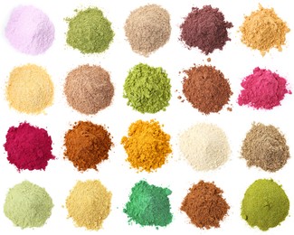 Image of Different superfood powders on white background, collage. Top view