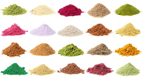 Image of Different superfood powders on white background, collage