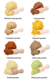 Image of Different superfood powders, scoops and names on white background, collage. Top view