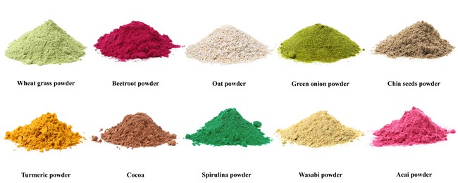 Image of Different superfood powders and names on white background, collage