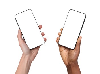 Image of People holding smartphones with blank screens on white background, closeup. Mockup for design