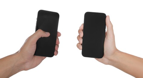 Image of People holding smartphones with blank screens on white background, closeup. Mockup for design