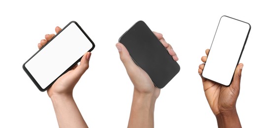 Image of People holding smartphones with blank screens on white background, closeup. Mockup for design