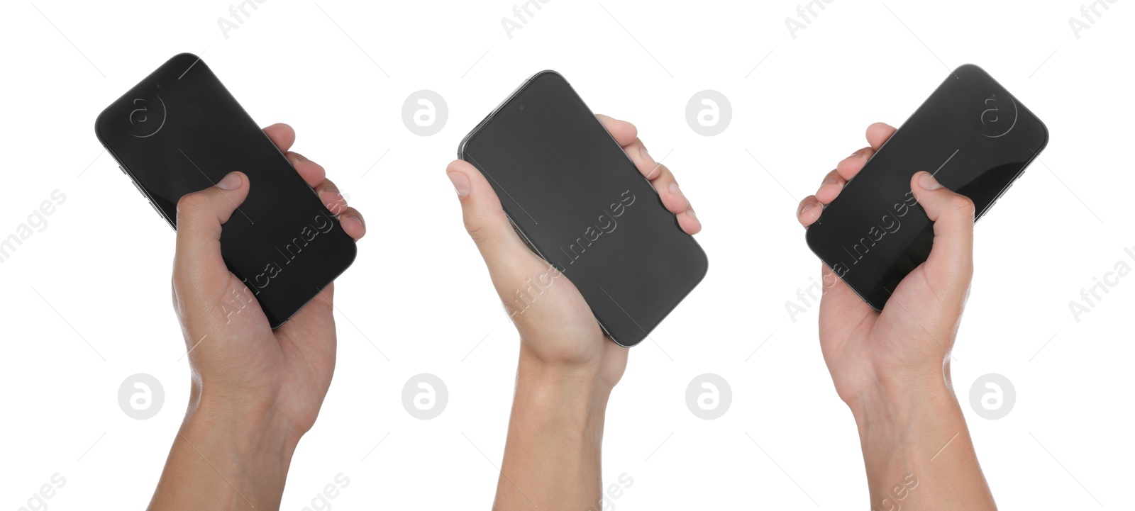 People holding smartphones with blank screens on white background, closeup. Mockup for design Image of People holding smartphones with blank screens on white background, closeup. Mockup for design