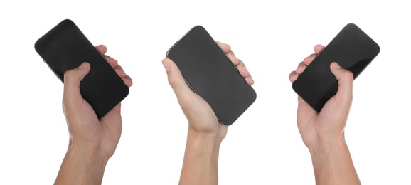 Image of People holding smartphones with blank screens on white background, closeup. Mockup for design