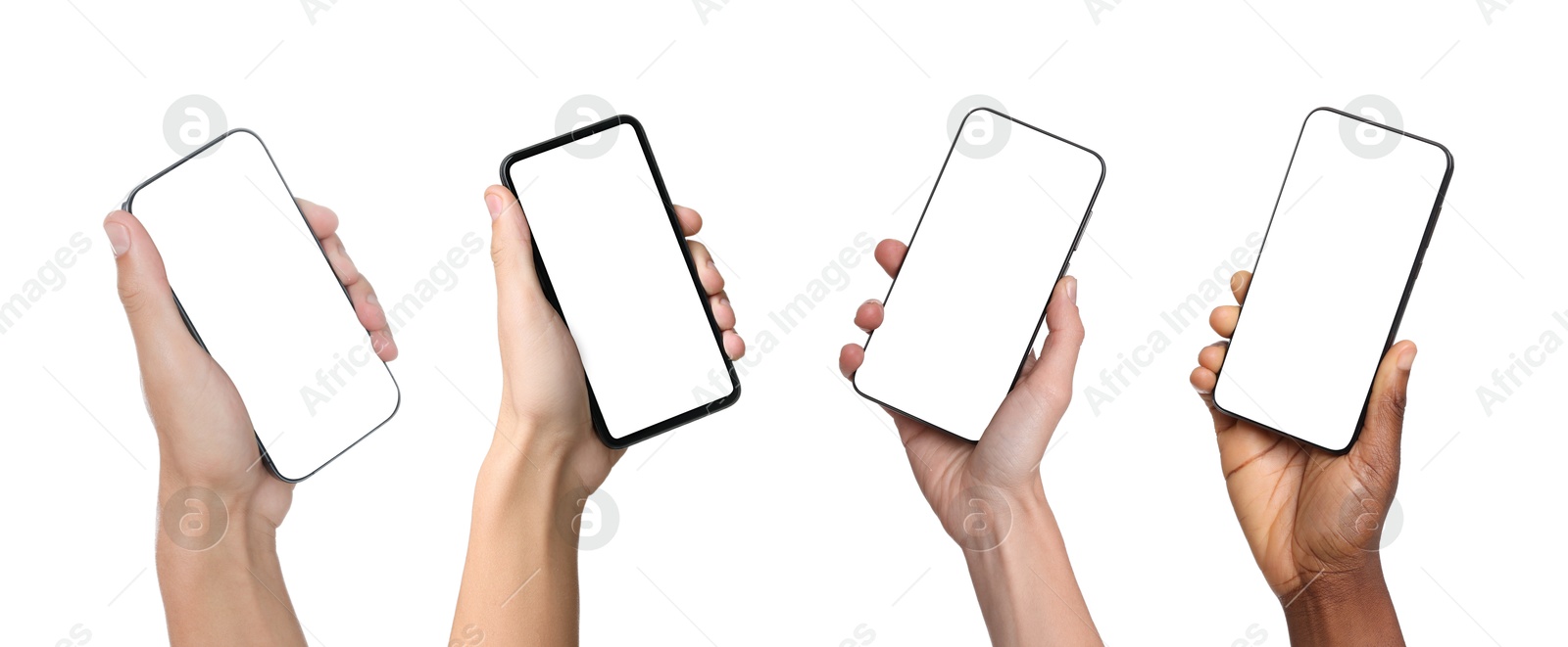 People holding smartphones with blank screens on white background, closeup. Mockup for design Image of People holding smartphones with blank screens on white background, closeup. Mockup for design