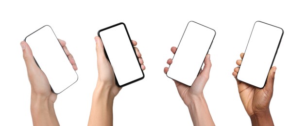 Image of People holding smartphones with blank screens on white background, closeup. Mockup for design