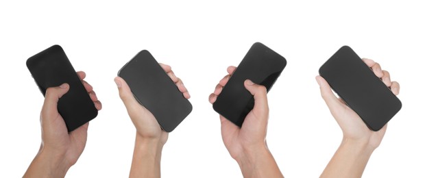 Image of People holding smartphones with blank screens on white background, closeup. Mockup for design