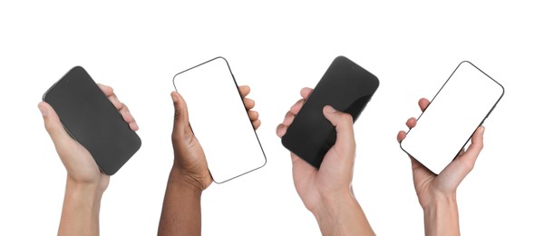 Image of People holding smartphones with blank screens on white background, closeup. Mockup for design