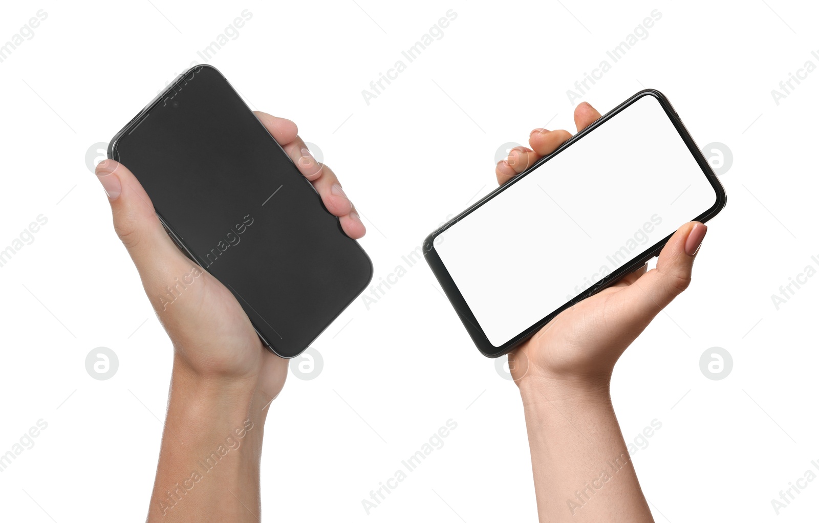 People holding smartphones with blank screens on white background, closeup. Mockup for design Image of People holding smartphones with blank screens on white background, closeup. Mockup for design