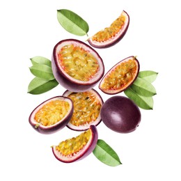 Image of Delicious ripe passion fruits and green leaves falling on white background