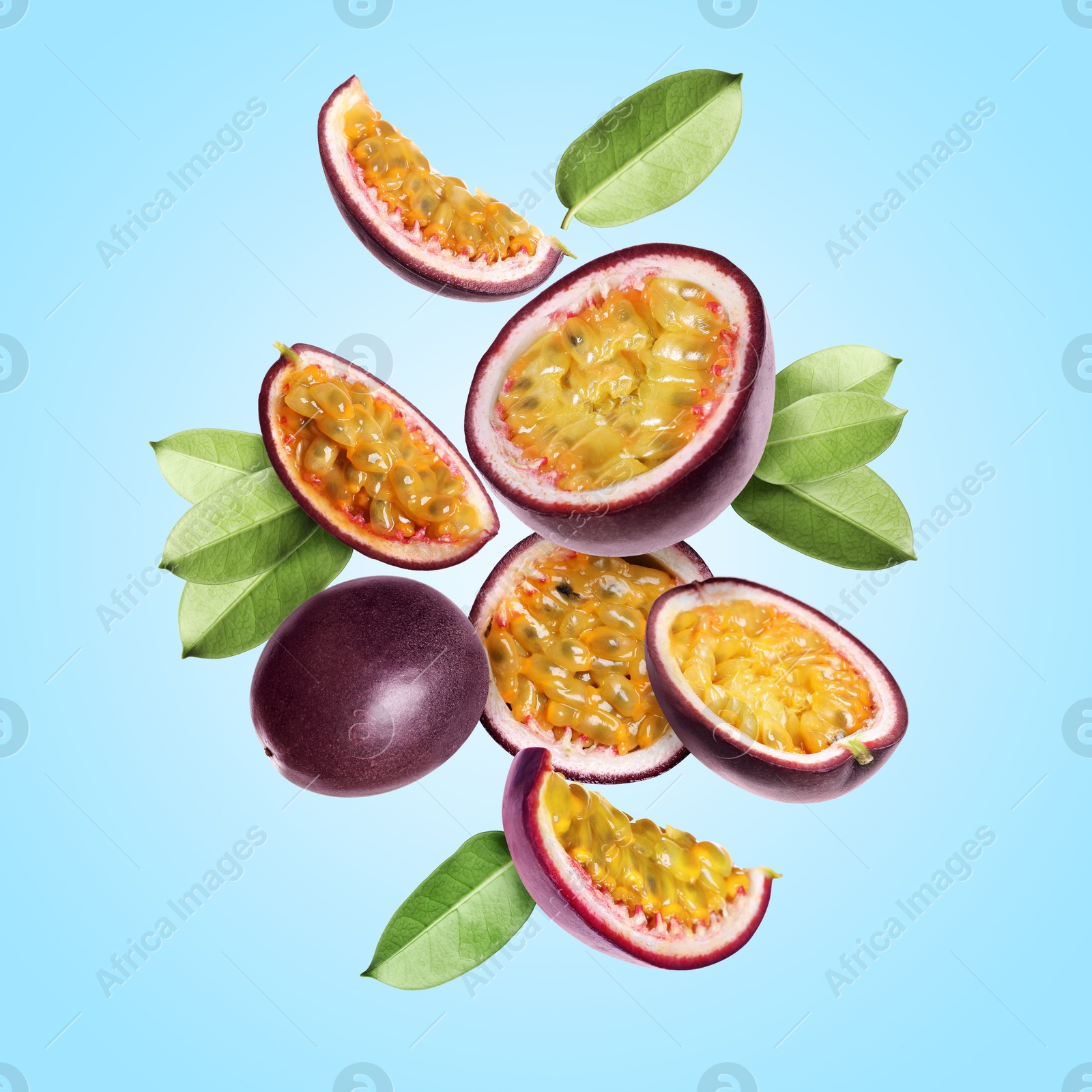 Delicious ripe passion fruits with green leaves falling on light blue background Image of Delicious ripe passion fruits with green leaves falling on light blue background
