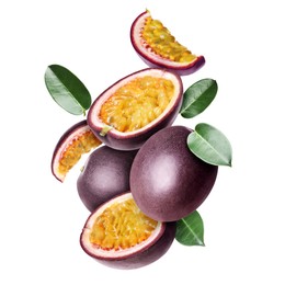 Image of Delicious ripe passion fruits and green leaves falling on white background