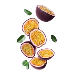 Image of Delicious cut passion fruits and green leaves falling on white background