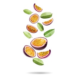 Image of Delicious cut passion fruits and green leaves falling on white background