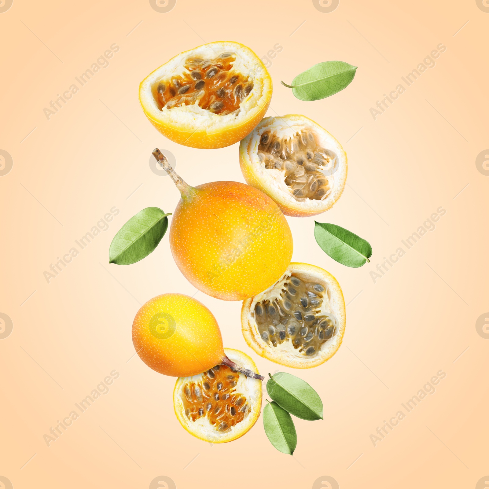 Delicious ripe passion fruits with green leaves falling on pink beige gradient background Image of Delicious ripe passion fruits with green leaves falling on pink beige gradient background