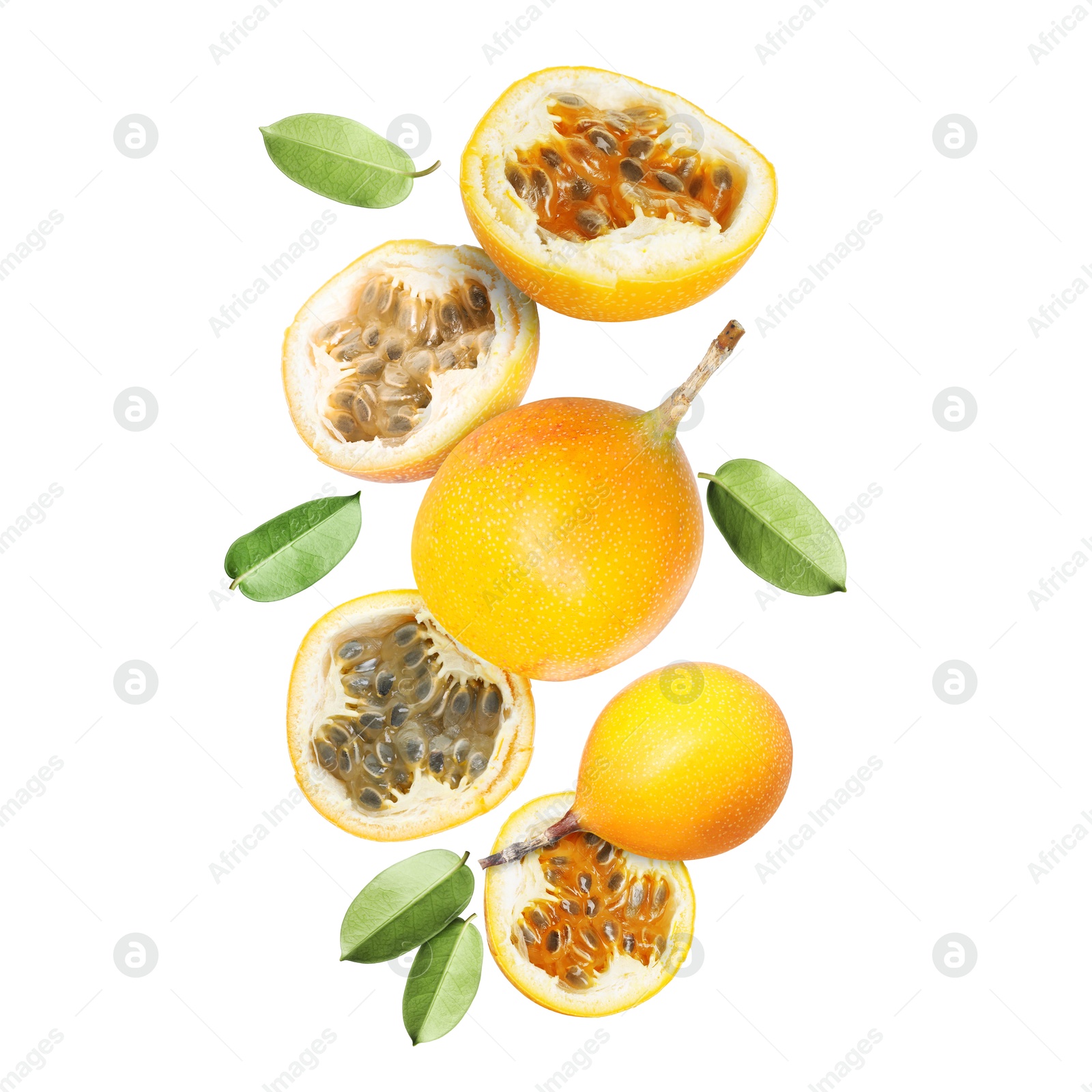 Delicious ripe passion fruits and green leaves falling on white background Image of Delicious ripe passion fruits and green leaves falling on white background