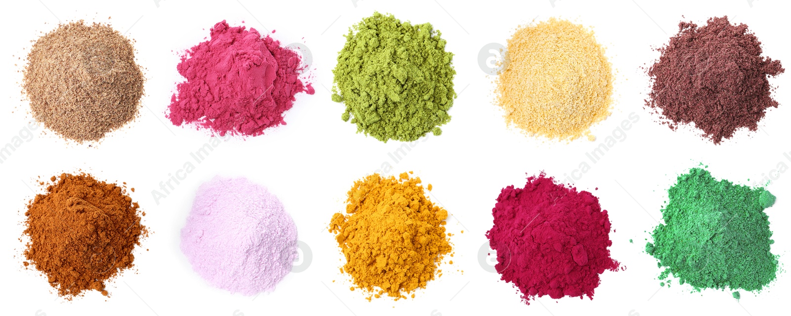 Different superfood powders on white background, set. Top view Image of Different superfood powders on white background, set. Top view