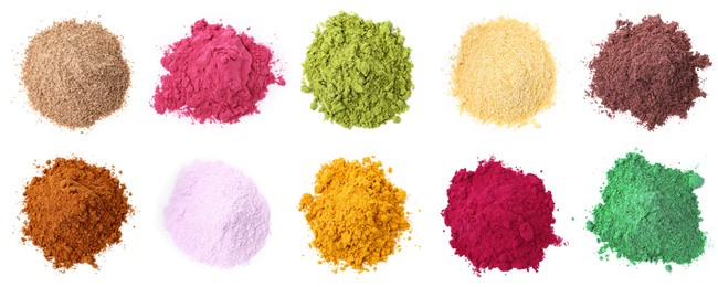 Image of Different superfood powders on white background, set. Top view